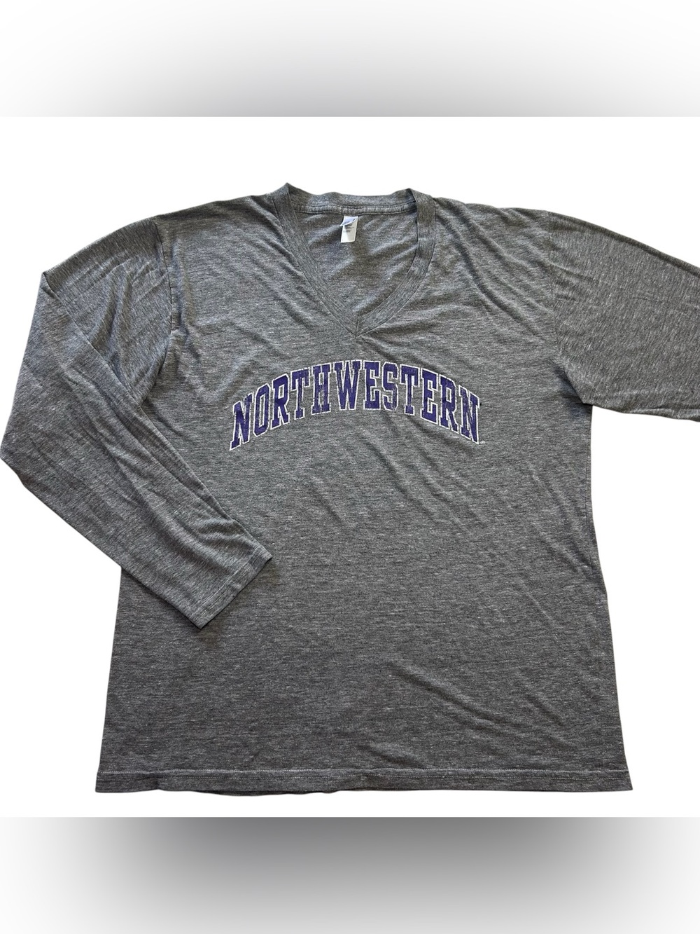 Northwestern University Wildcats Women L V-Neck Long Sleeve T-Shirt Heather Gray